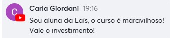 Depoimento de aluna 1 sobre os cursos da Laís Sena
